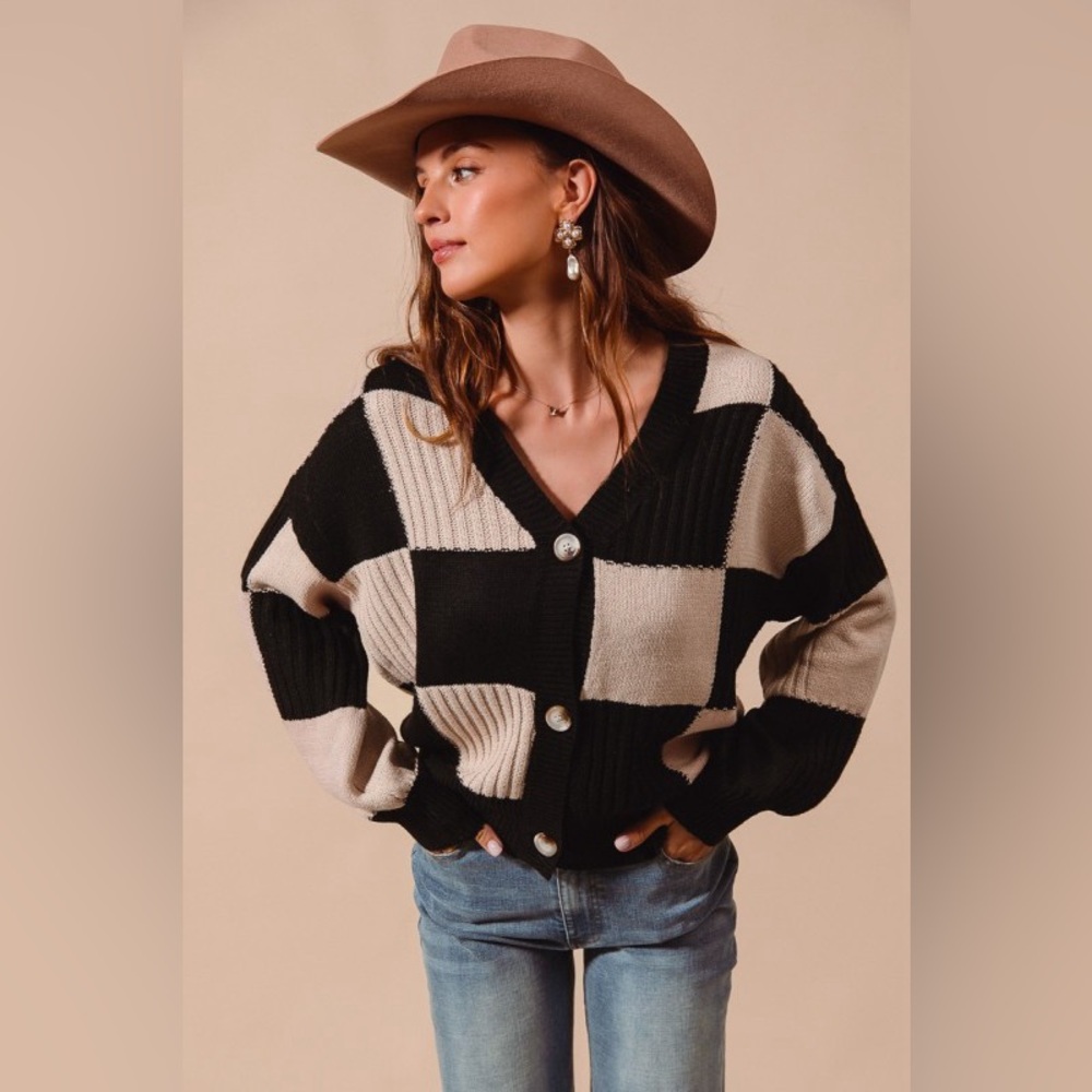 Oatmeal black color block checkered button cardigan bubble boho sleeve sweater - Picture 3 of 8
